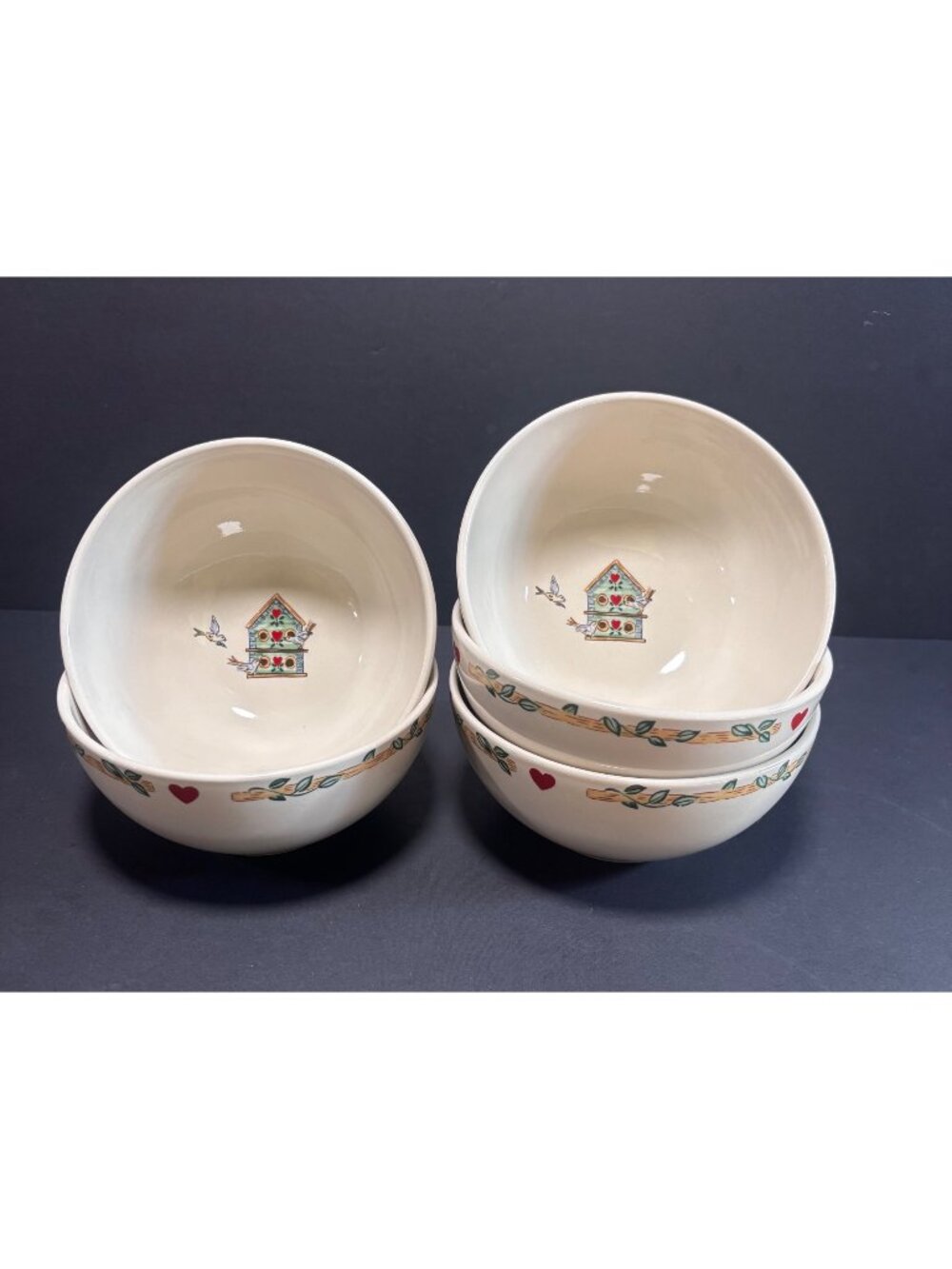 Thomson Pottery Hand Painted Birdhouse Cereal Soup Bowls Set Of 5 Vintage